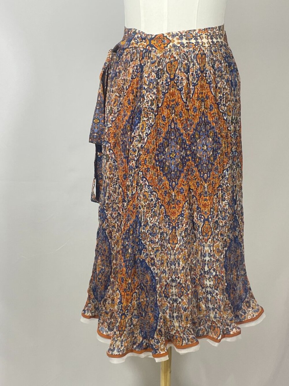 ✨ Tory Burch "Quincy" Orange/Blue Pleated Organza Silk Wrap Midi Skirt Size 2 ✨ - Picture 2 of 5